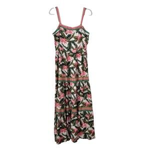 Loft Maxi Dress Womens 6 White Floral Tropical Tiered Linen Blend Resort Travel